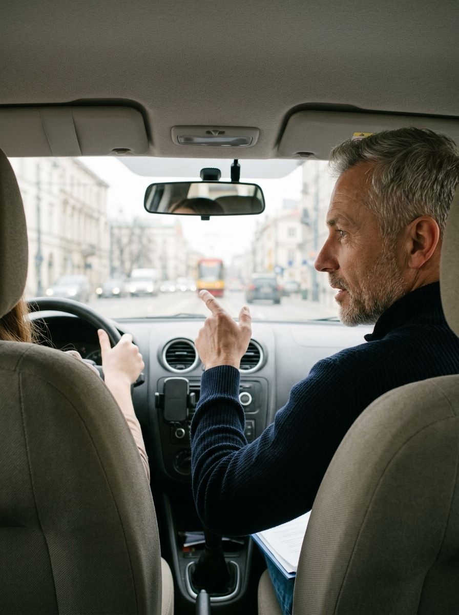 Instruktor Marek na miejscu pasażera pokazuje kursantce kierunek jazdy na ulicy Pragi