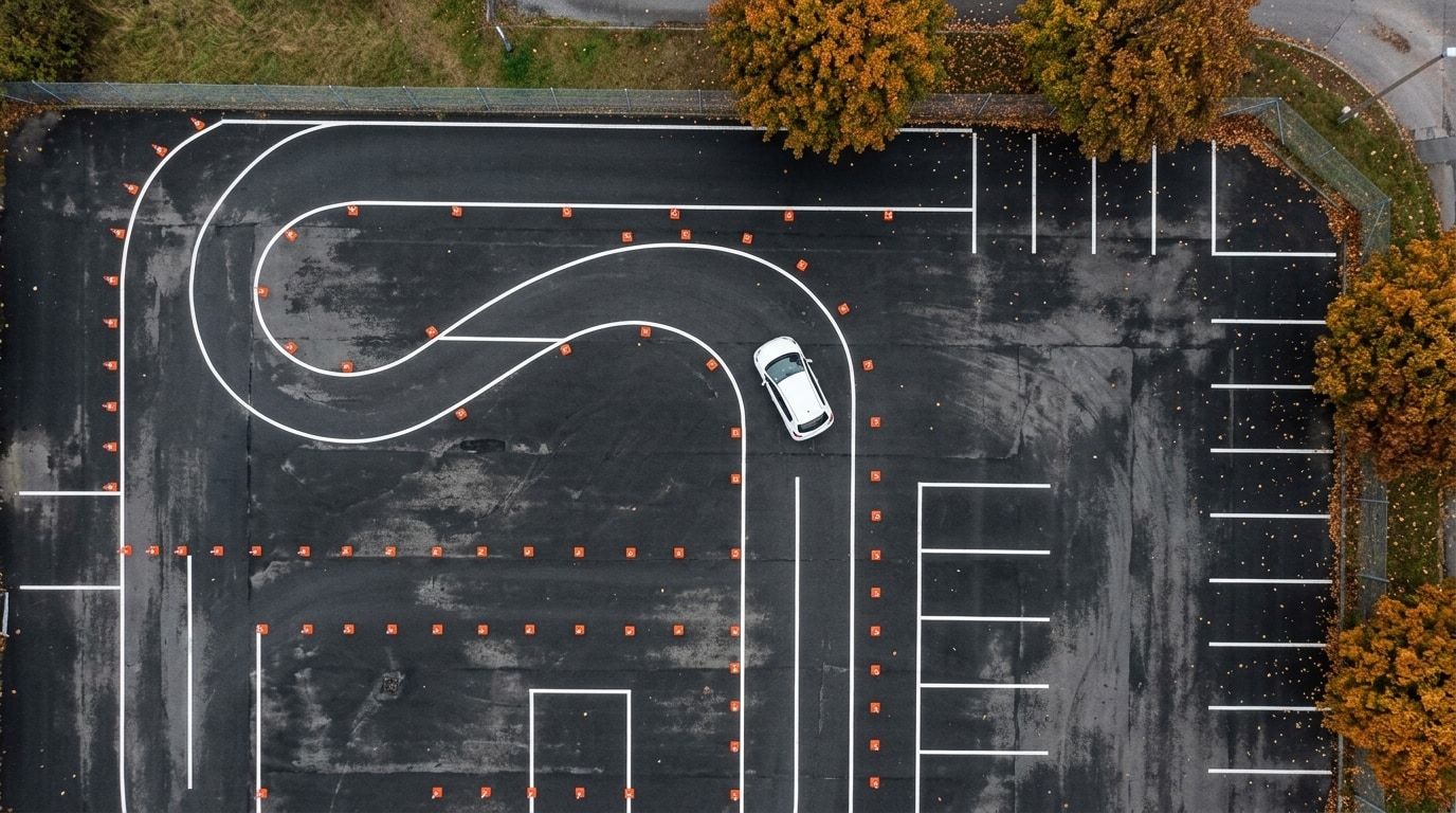 Plac manewrowy z góry: białe linie łuku i stanowisk parkowania, pomarańczowe pachołki, auto szkoły w trakcie łuku